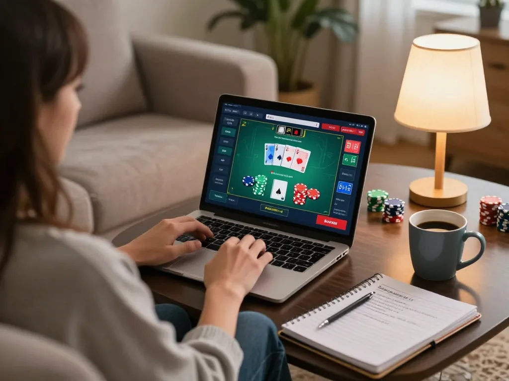 Person playing sc88 online poker at home, focused on strategic decisions with chips and notes present.