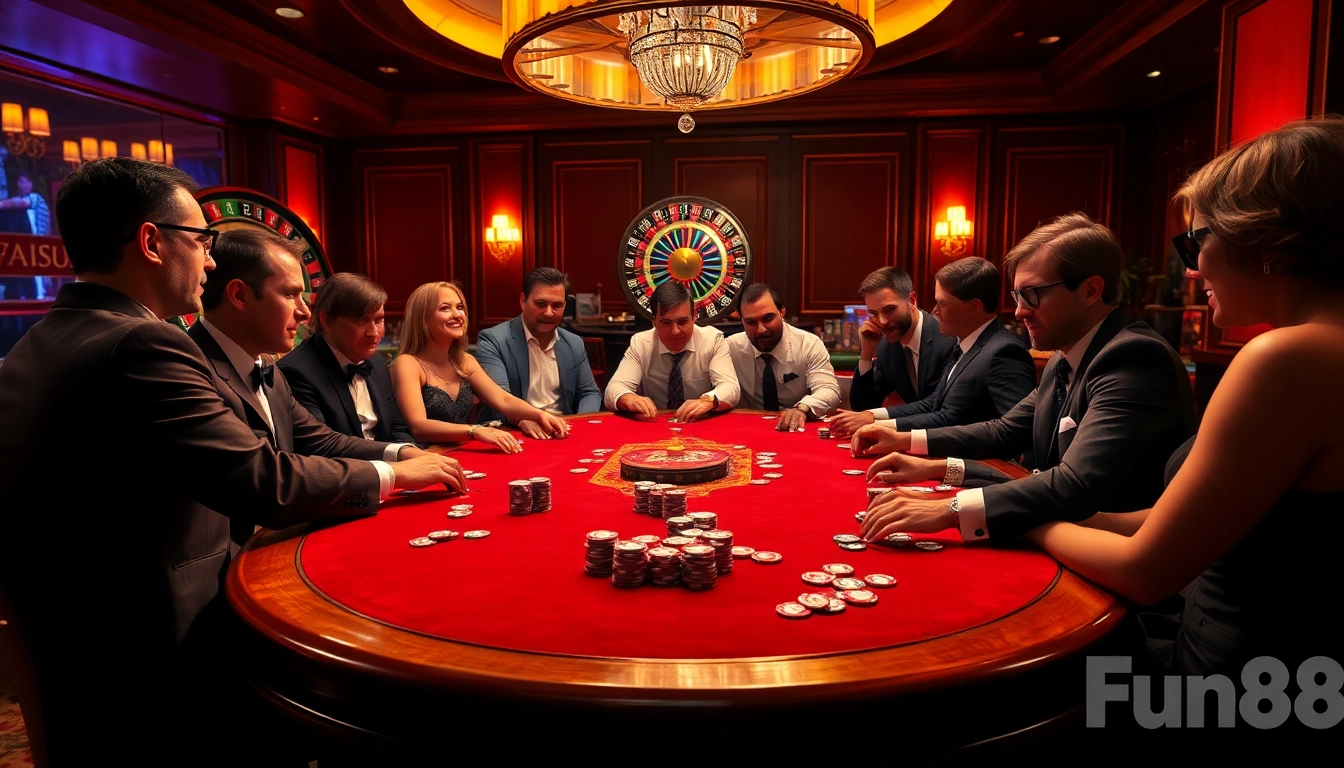 Players strategizing in a high-stakes poker game at Fun88's luxurious casino.