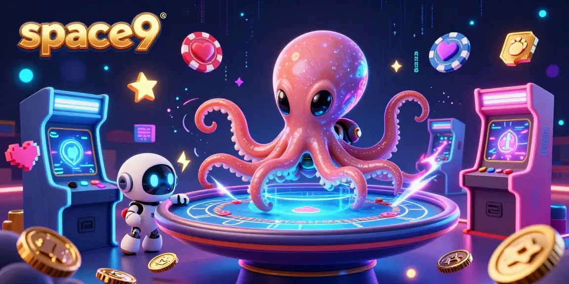 Experience gaming excitement at space9 with a vibrant 3D illustration of an alien octopus at a poker table.