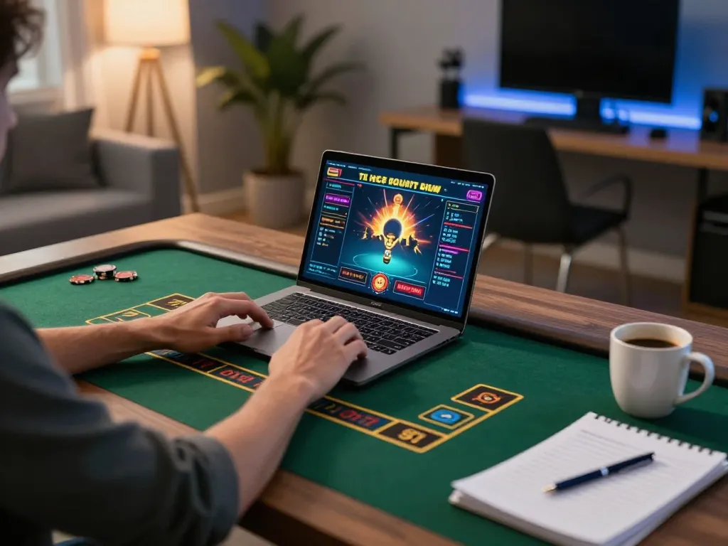Player strategizing in online casino using https://xfly88.com/ app on laptop with notes and coffee nearby.