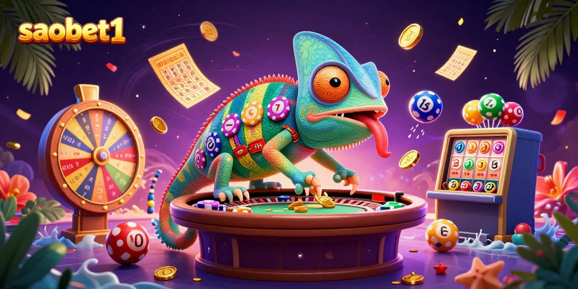Engage in thrilling gameplay at saobet1 with chameleon casino owner, vibrant lottery balls and spinning prize wheels.
