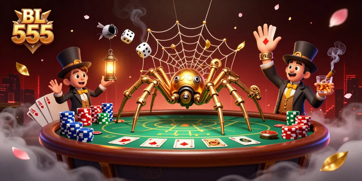 Engage with thrilling bets at BL 555, where a golden spider captures dice in a dynamic casino scene.
