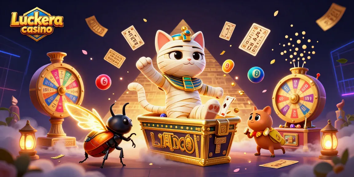 Engaging illustration of Luckera casino featuring a mummy cat and a scarab in a vibrant gaming scene.