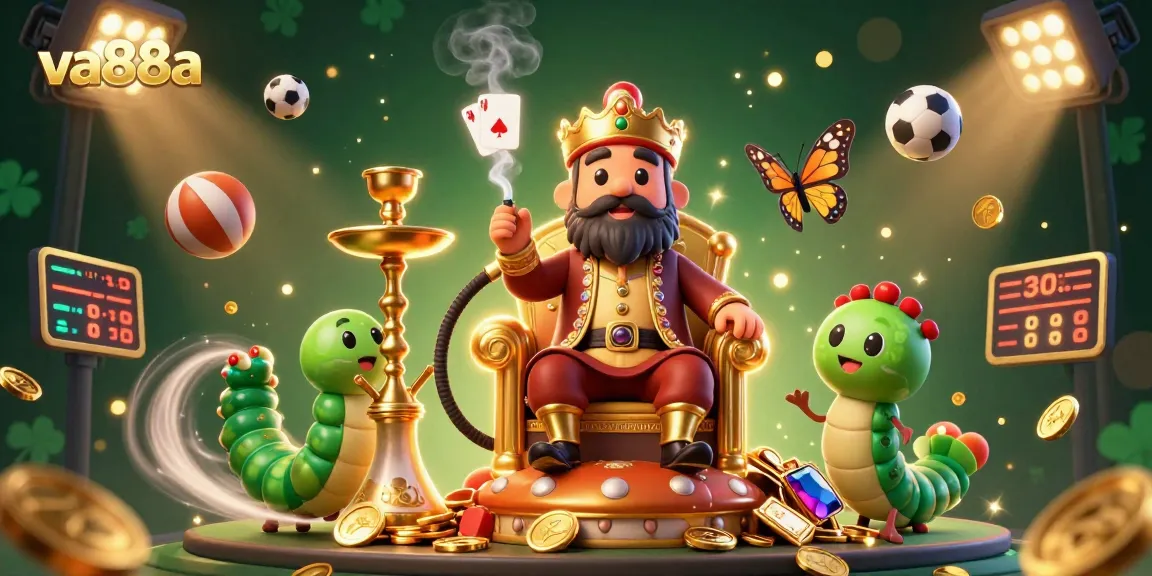 Experience va88a's vibrant casino atmosphere with a whimsical caterpillar master amidst dynamic gambling elements.