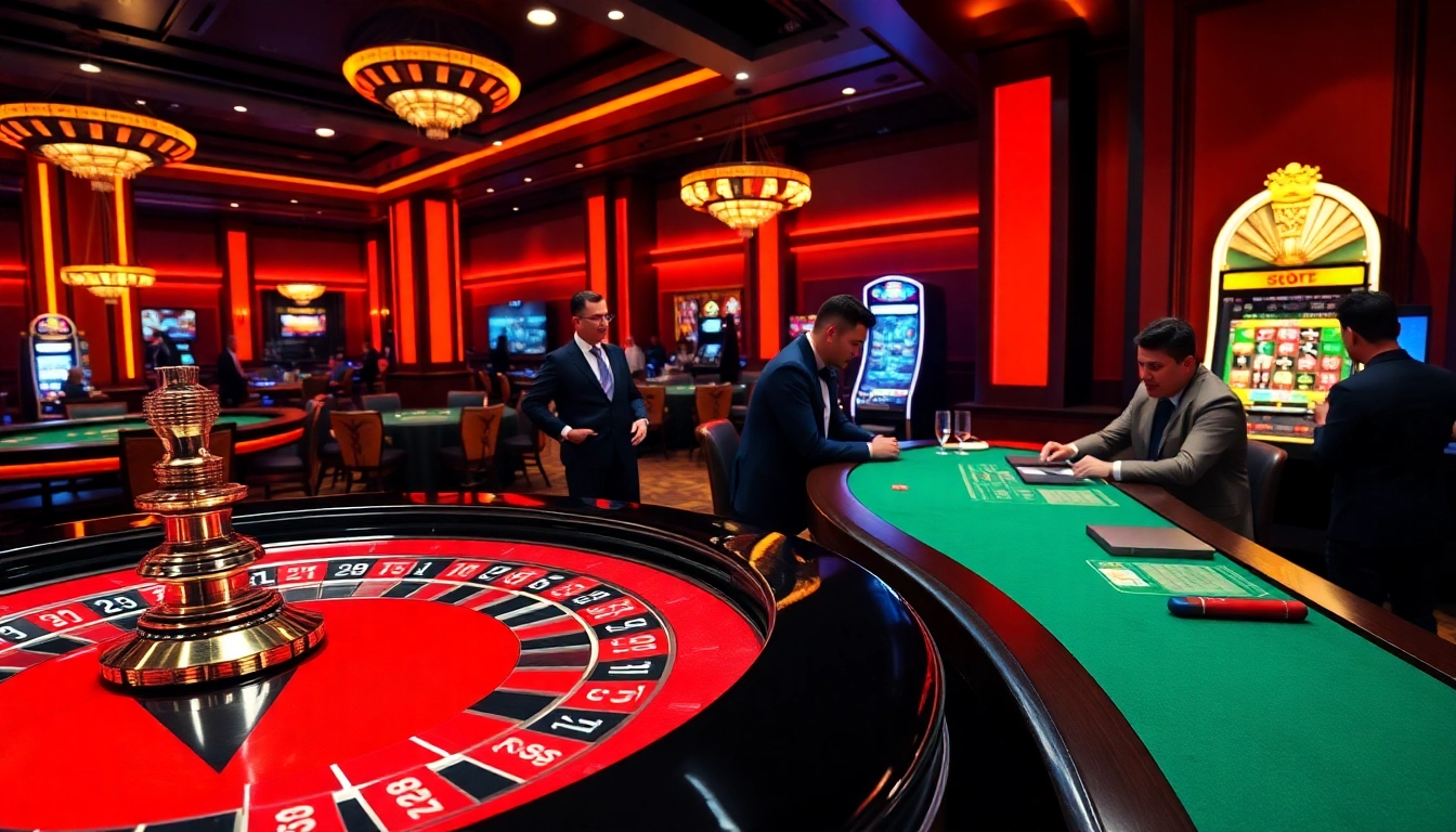 Experience luxury gaming with the OXBET App in a vibrant casino scene featuring roulette and poker.