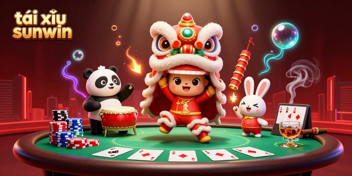 Engage in tài xỉu sunwin as lion dancers celebrate with vibrant casino elements.