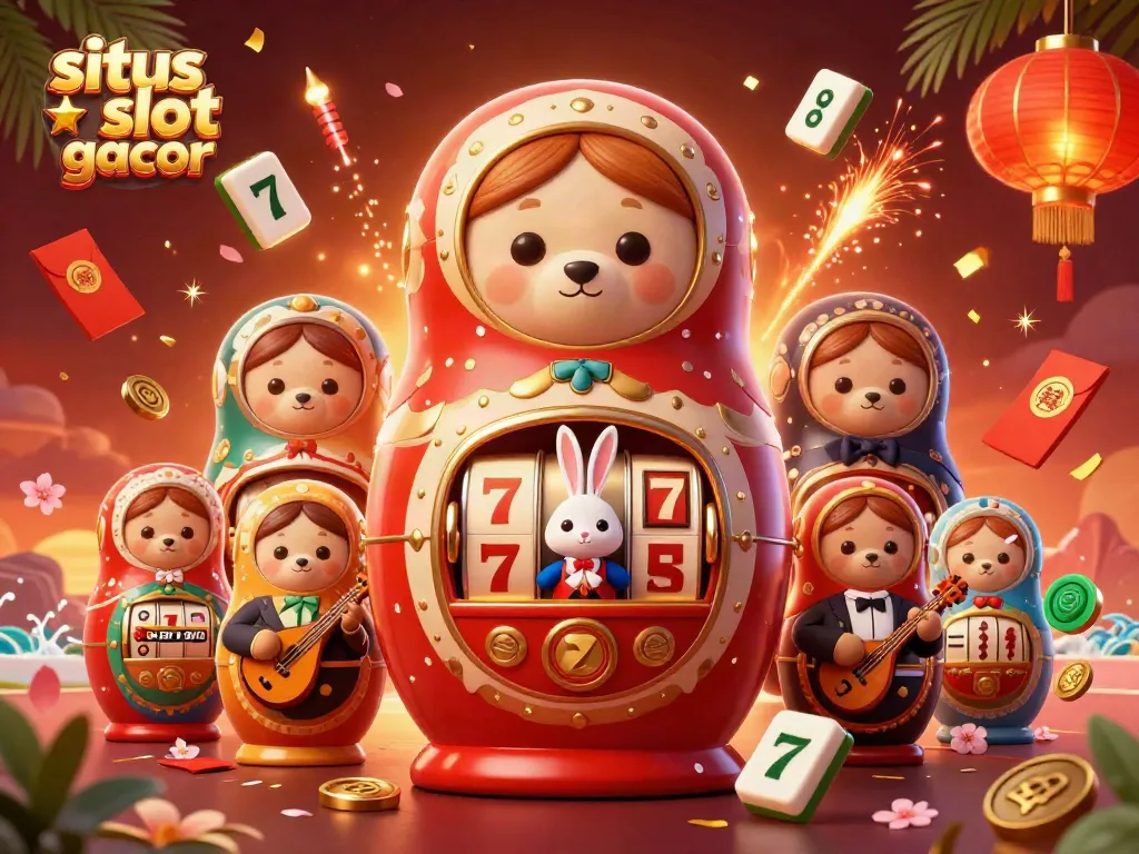 The 3D illustration scene featuring "situs slot gacor" with vibrant slot elements, energetic characters, and rich casino-themed visuals.