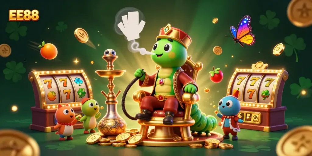 Play at EE88 with a vibrant 3D illustration showcasing exciting slots and engaging gaming elements.