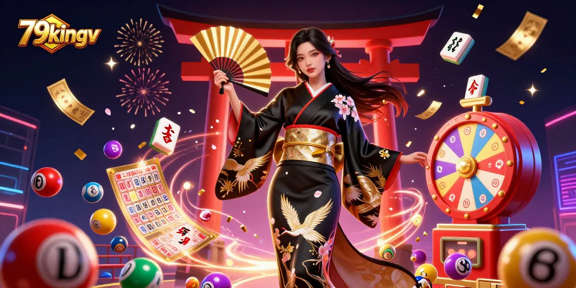 Engaging 79kingv digital casino scene featuring vibrant lottery games and an elegant character.