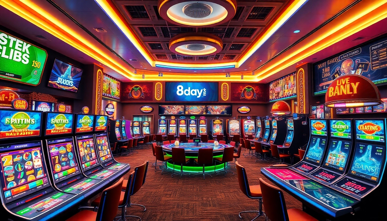 Vibrant online gaming interface showcasing the 8day club experience with colorful slot machines and live dealer tables.
