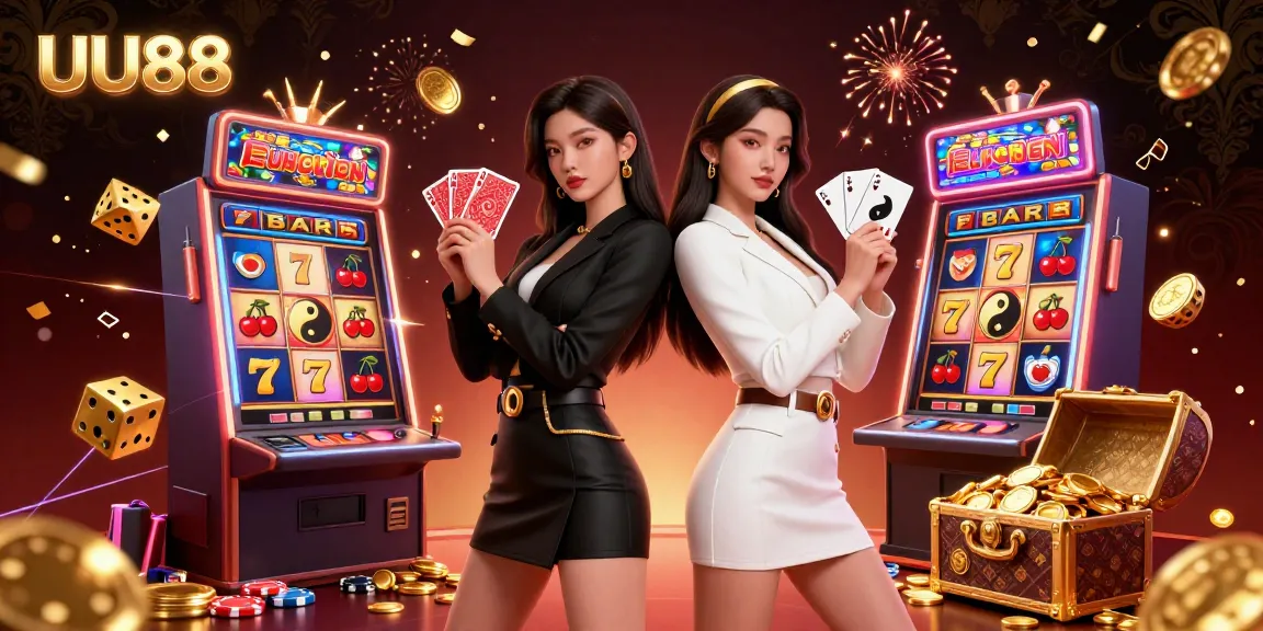 Experience the thrilling UU88 online casino with stunning visuals of twin Asian women holding playing cards amidst vibrant jackpot elements.