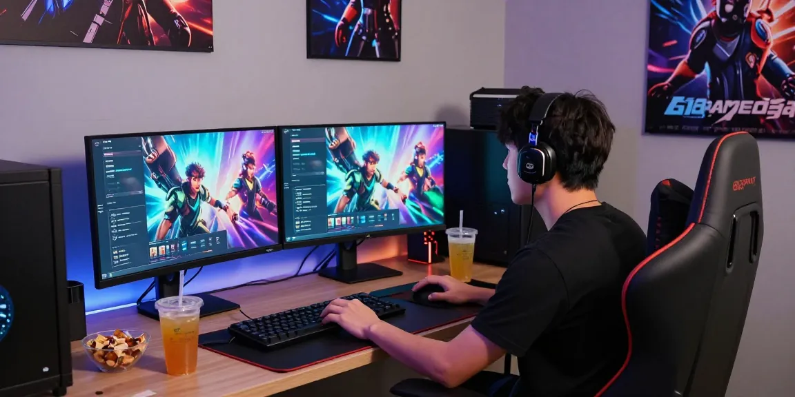 Engaging gamer exploring 68gamebai online casino features with dual monitors and vibrant interface.