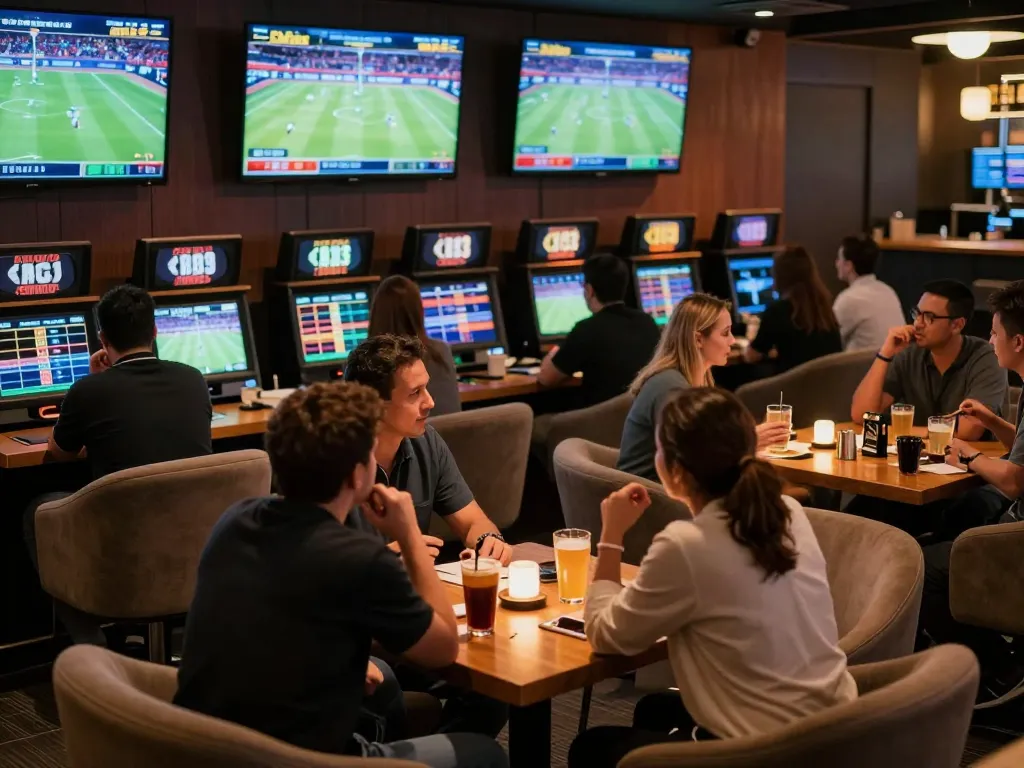 Patrons actively engaging in tin soi kèo insights at a dynamic sports betting lounge.