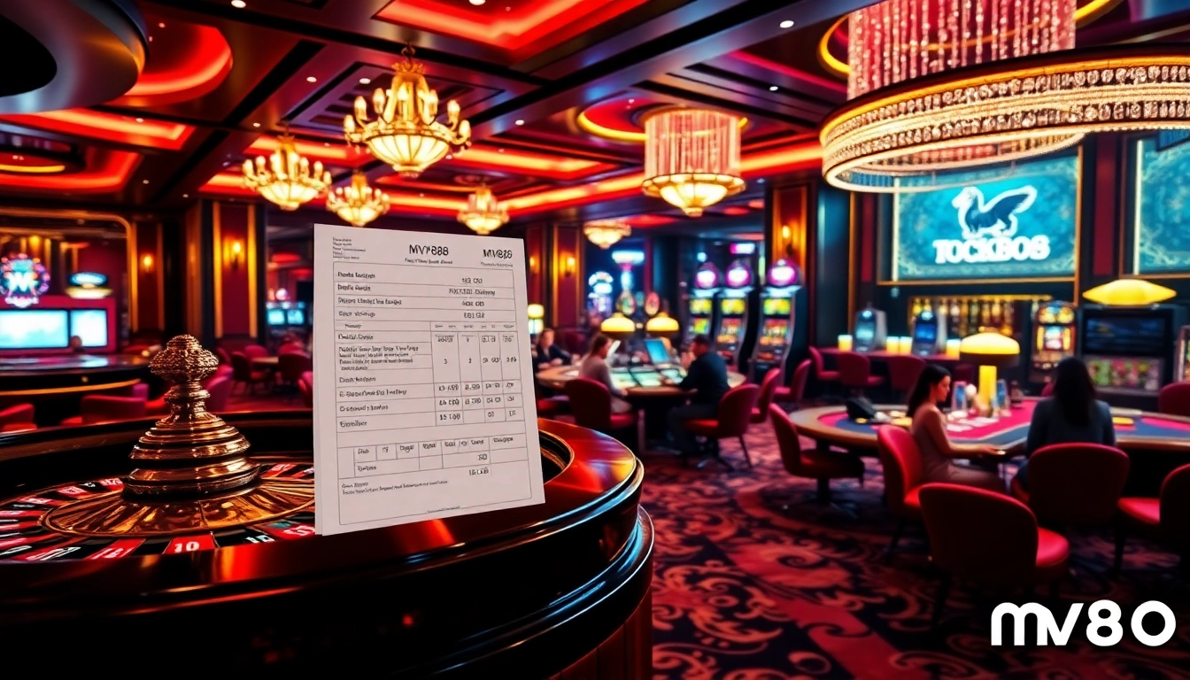 Exciting casino scene with vibrant gaming tables and mv88 branding amid luxury decor.