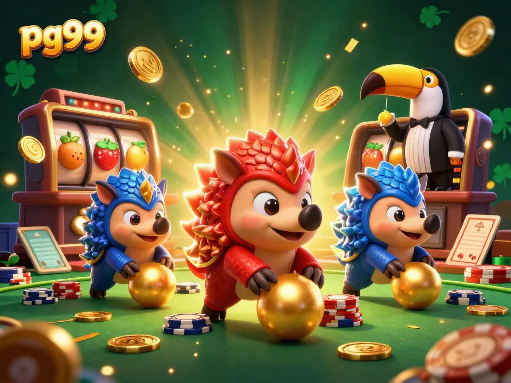 Betting action featuring pg99 characters rolling golden balls amidst vibrant casino elements.