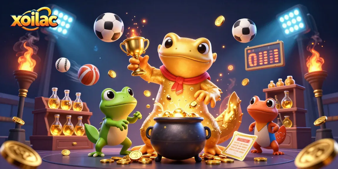 Xoilac sports betting scene with golden salamander alchemist, energetic frogs, and dynamic sports elements.