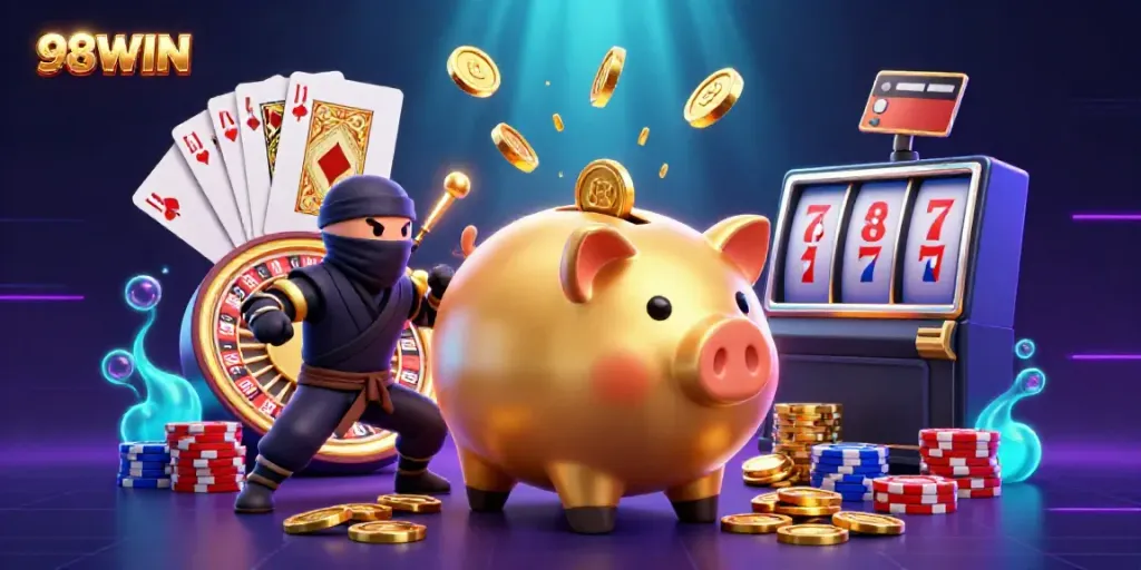 Experience thrilling wins with 98WIN's lively casino scene showcasing cartoon characters and vibrant gaming elements.