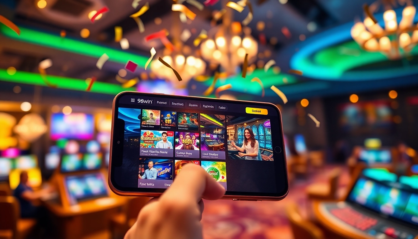 A vibrant online gaming experience with 98win showcasing slots, sports betting, and live dealers.