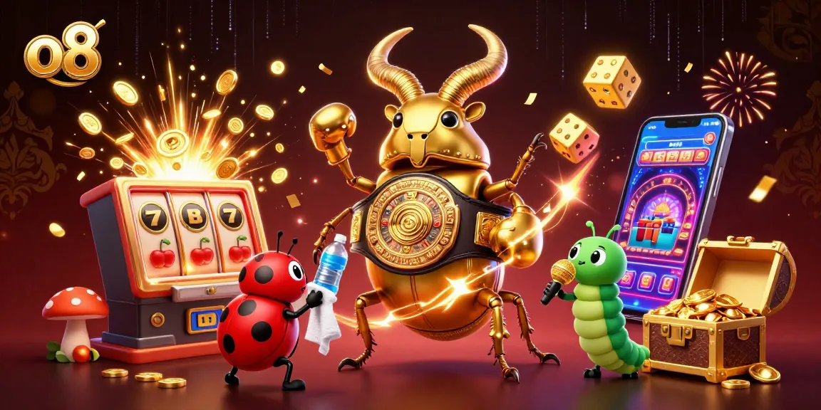 Bet on o8 in this vibrant 3D scene showcasing a giant stag beetle in a boxing belt amidst exciting jackpot elements.