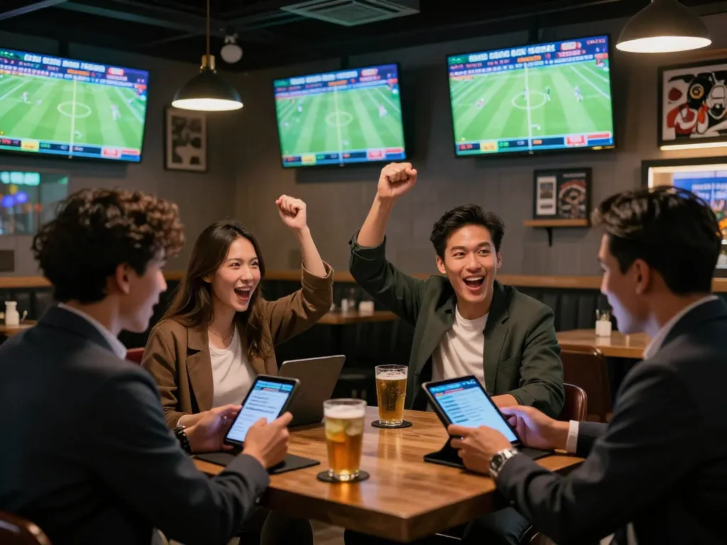 Bóng đá Bet168 enthusiasts celebrating a live sports betting event at a vibrant bar.