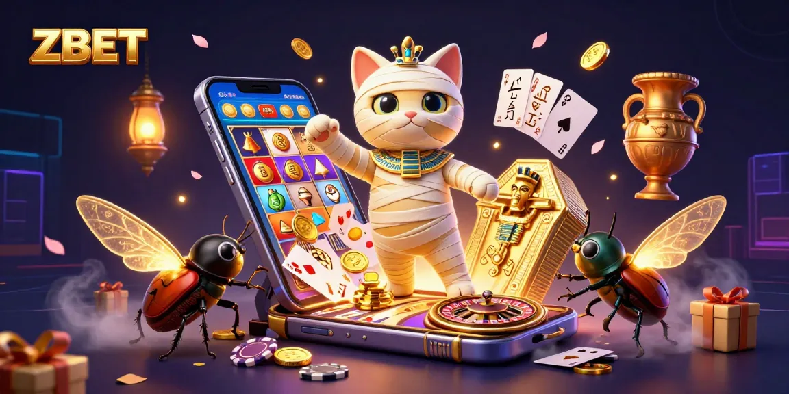 ZBET spins the reels with an enchanting mummy cat and glowing scarab in a vibrant casino atmosphere.