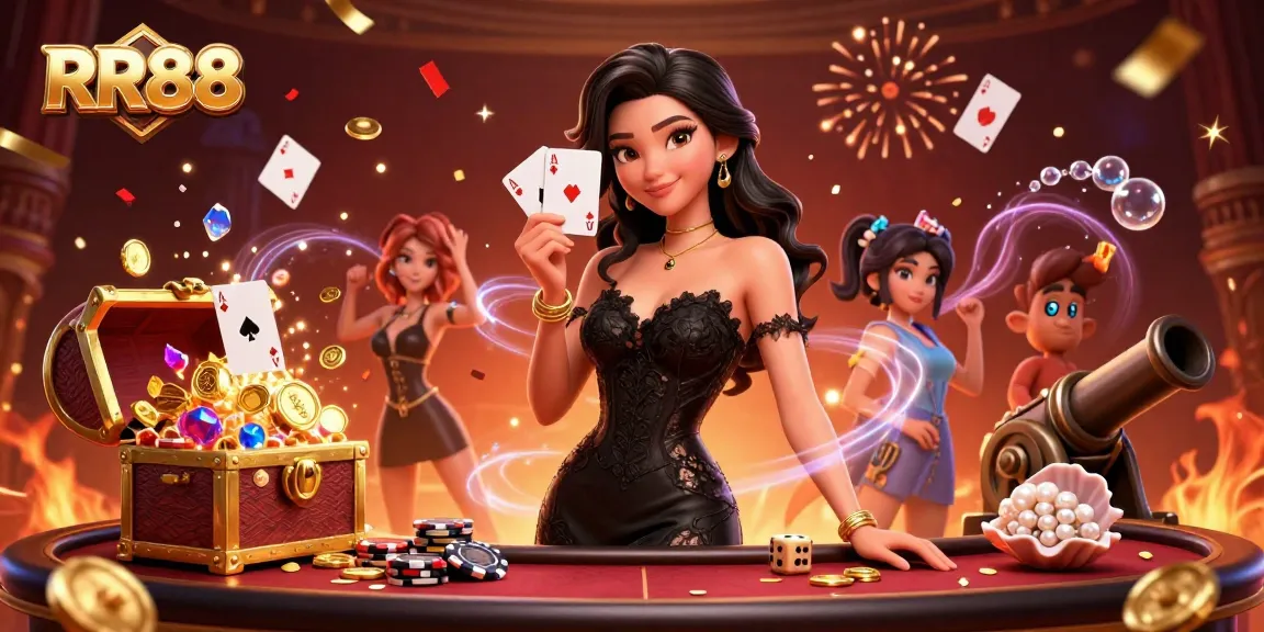 Experience luxury and excitement at RR88 casino with winning cards and vibrant decorations.