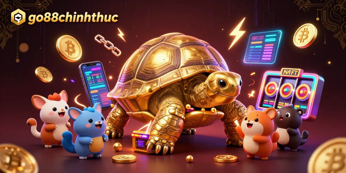 Engage with the go88chinhthuc cartoon casino scene featuring a golden tortoise pinball machine and animated crypto coins.