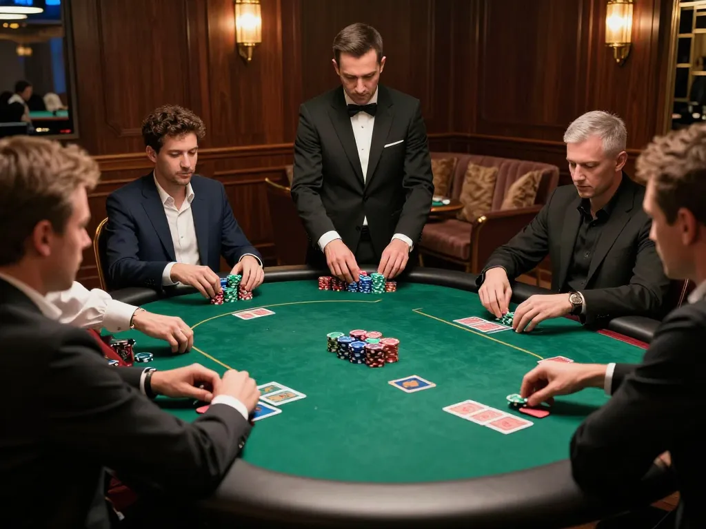 Engaged players at Win138 poker table strategizing their bets in a luxurious setting.