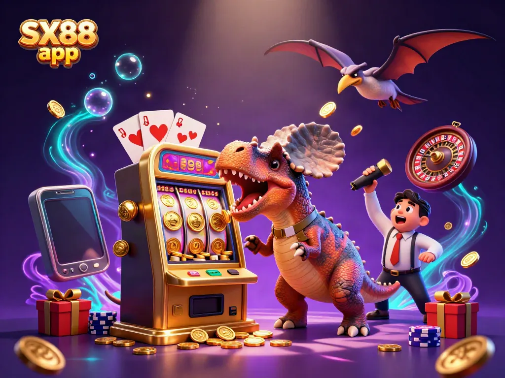 Experience the excitement of the SX88 app with a whimsical casino scene featuring a dinosaur and a slot machine.