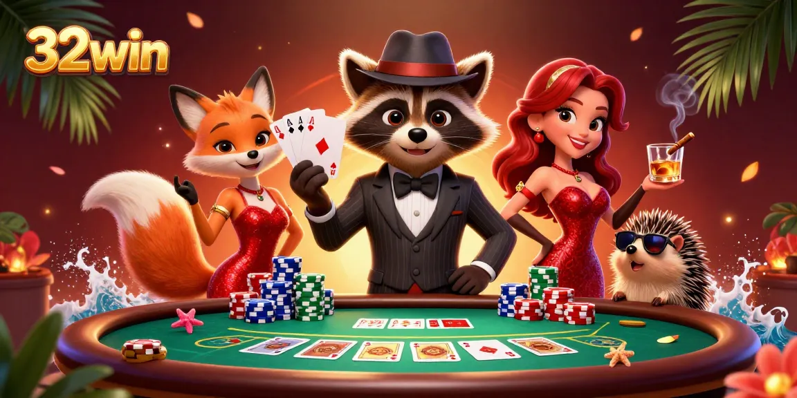 Experience the excitement of 32win with charming characters and a vibrant casino backdrop in this engaging illustration.