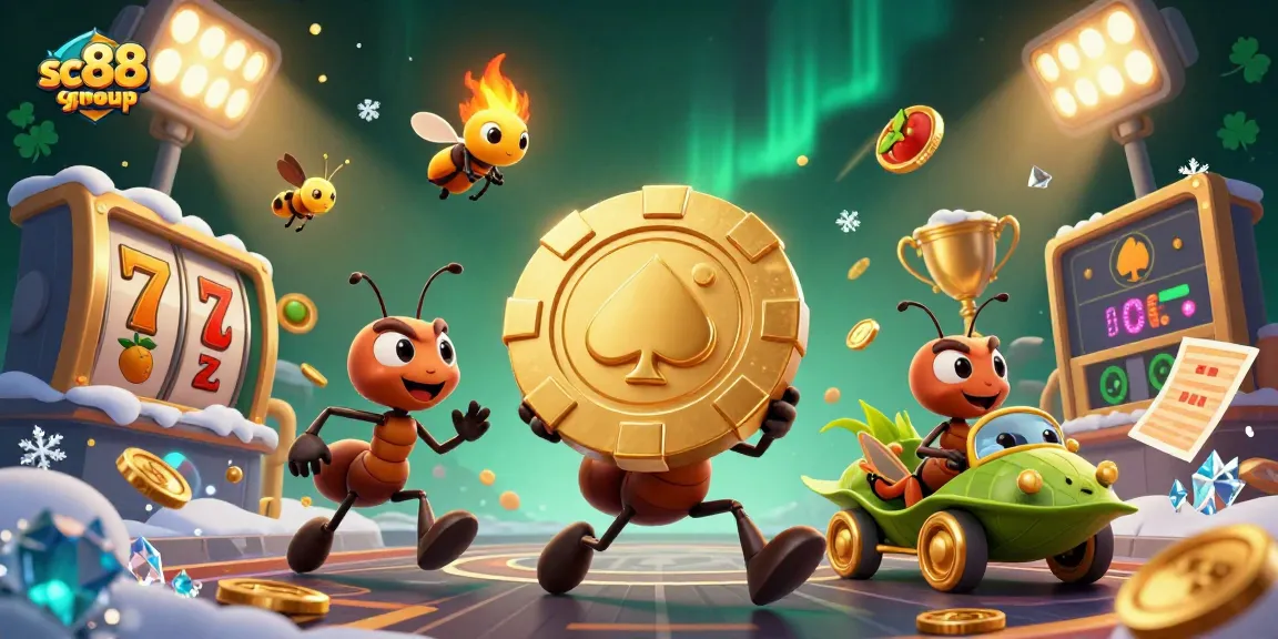 Experience the thrilling heist of sc88group as ants carry a giant poker chip in a vibrant casino scene.