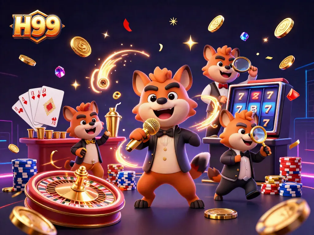 H99 showcases lively hyena characters in a vibrant casino setting filled with exciting game elements.
