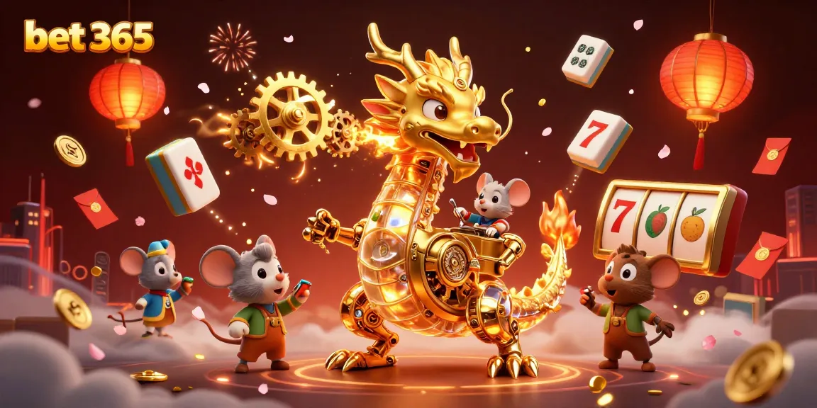 Experience thrilling action at bet 365 with a biomechanical dragon, mahjong tiles, and vibrant casino elements