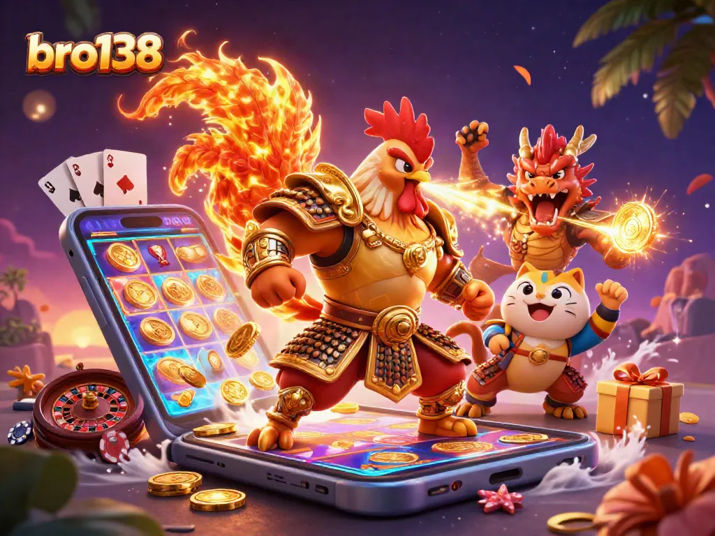 Engage in thrilling gameplay as bro138 features a powerful rooster warrior alongside an armored dragon, set in a vibrant casino atmosphere.