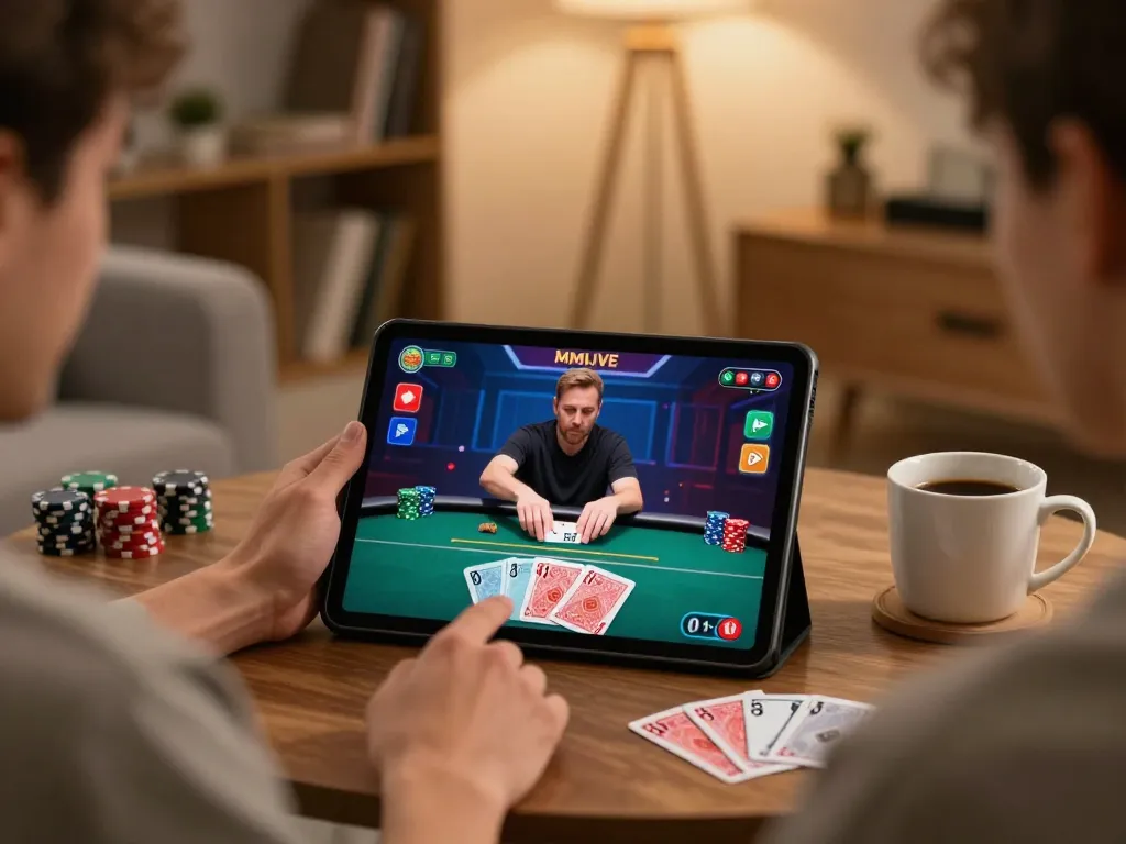 Player enjoying MMLIVE poker gameplay on tablet in a cozy home setting, surrounded by strategic notes and drinks.