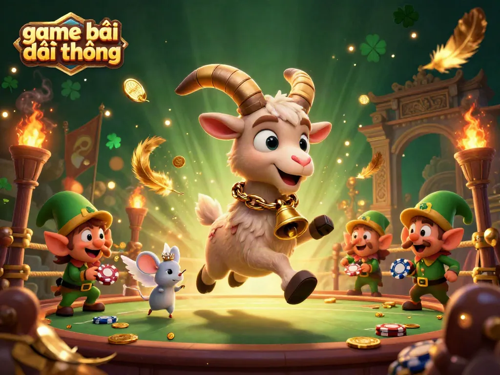 Experience the excitement of game bài đổi thưởng with a lively 3D illustration of a casino scene featuring krampus goat and elf gremlins.