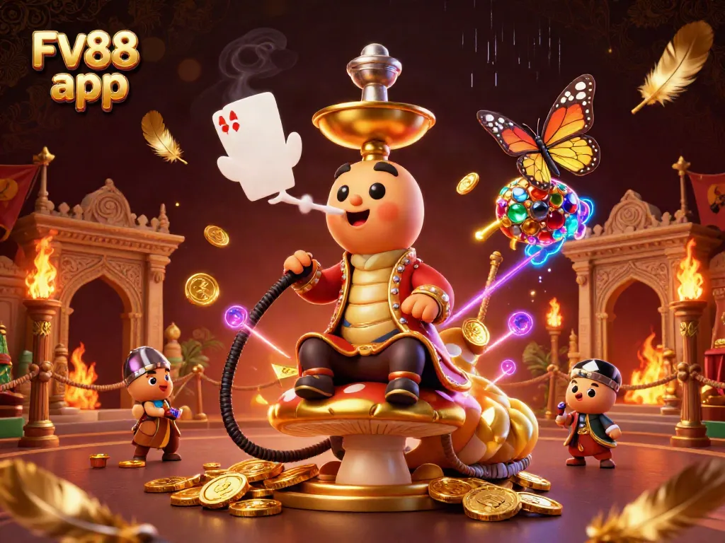 Experience the vibrant FV88 app with a whimsical caterpillar character in a captivating casino-themed digital landscape.