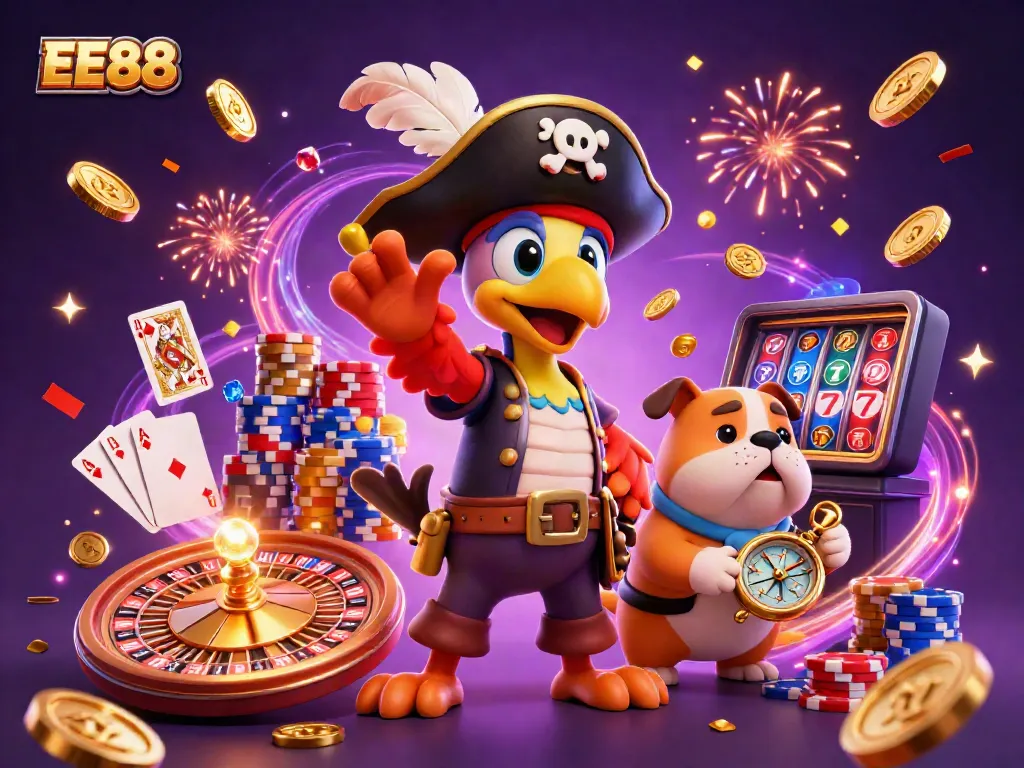 Captivating 3D illustration showcasing EE88 with vibrant gambling elements, featuring a pirate parrot, bulldog, and cat.