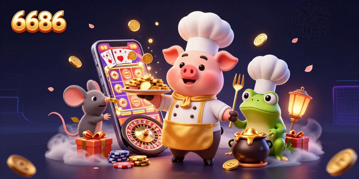 Engage with the vibrant 6686 casino scene featuring a pig chef serving gold coins and a dynamic slot game atmosphere.