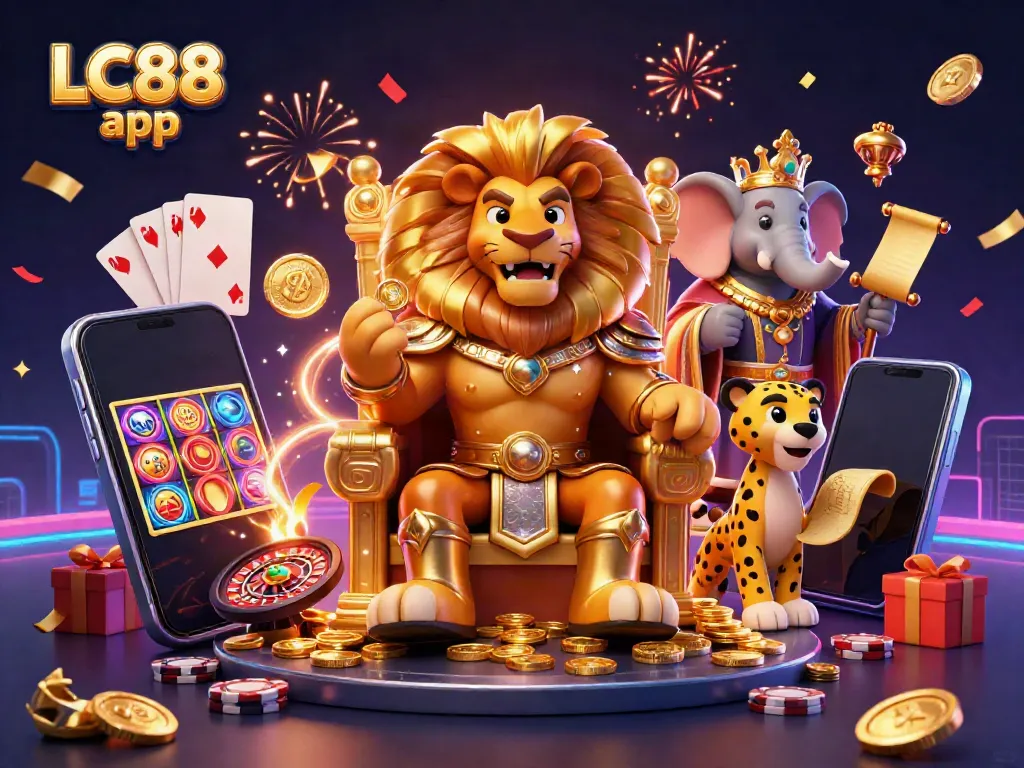 Engage with the thrilling LC88 app showcasing a fierce lion king, colorful slots, and vibrant gaming elements.