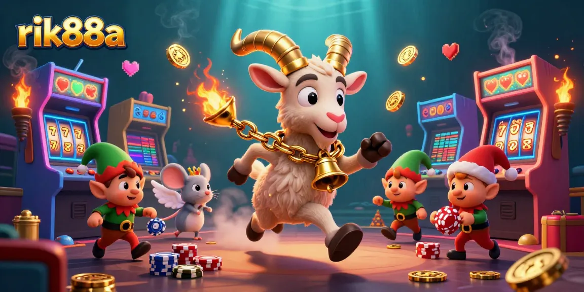 Experience exciting gaming action at rik88a's festive casino with animated characters and vibrant slot elements.