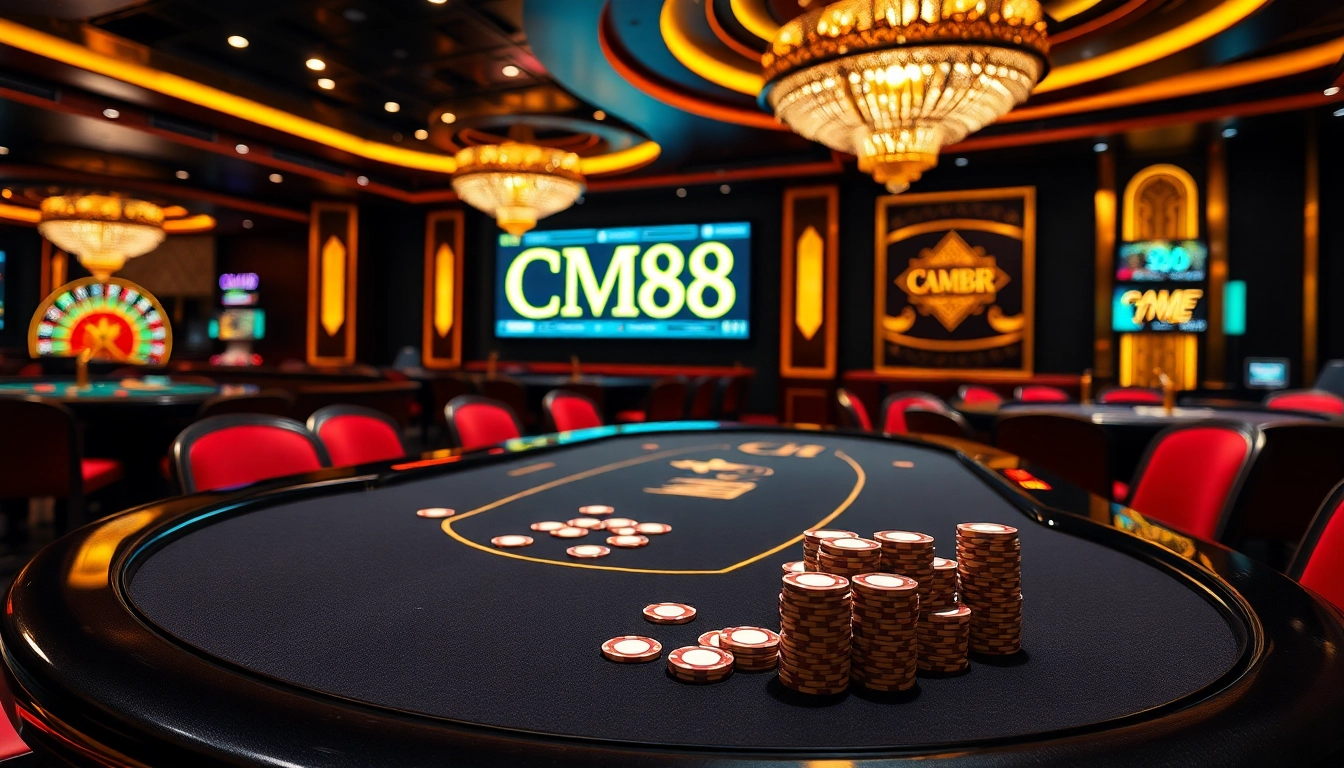 High-stakes poker at CM88 casino showcasing vibrant chips and tables.