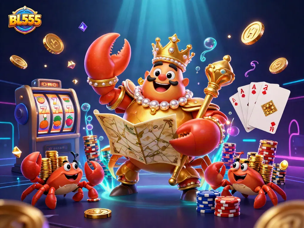 Engage with BL555's slot games featuring a golden crab emperor and vibrant treasures