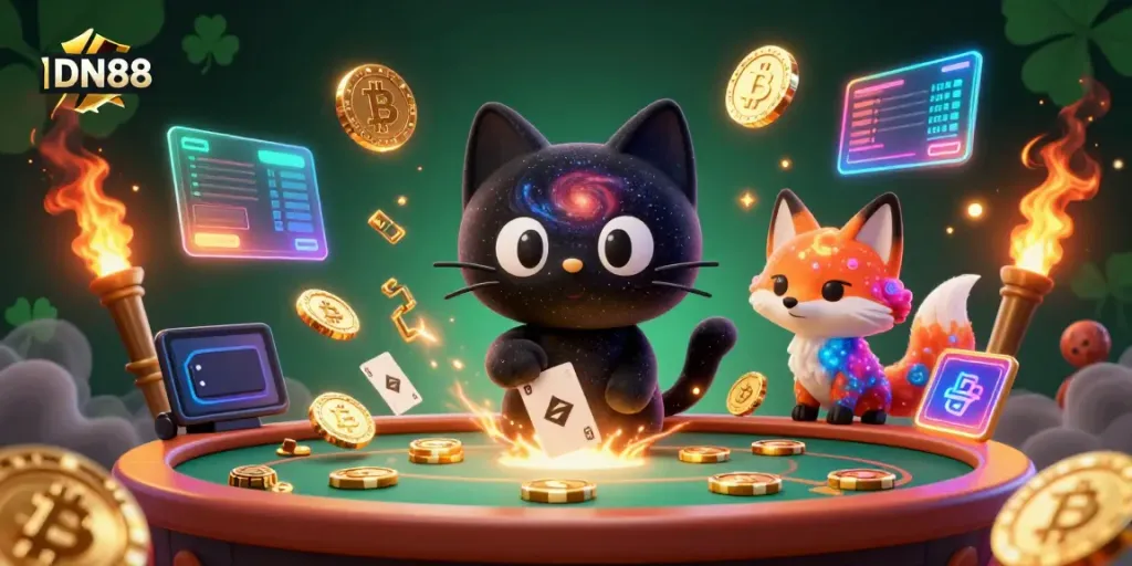 Engage with DN88's cosmic casino as a black hole cat pulls in golden chips and cards amidst vibrant elements.