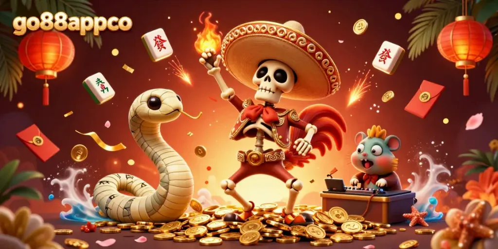 Engage with go88appco as a vibrant casino adventure with golden coins, lively characters, and exciting game elements.