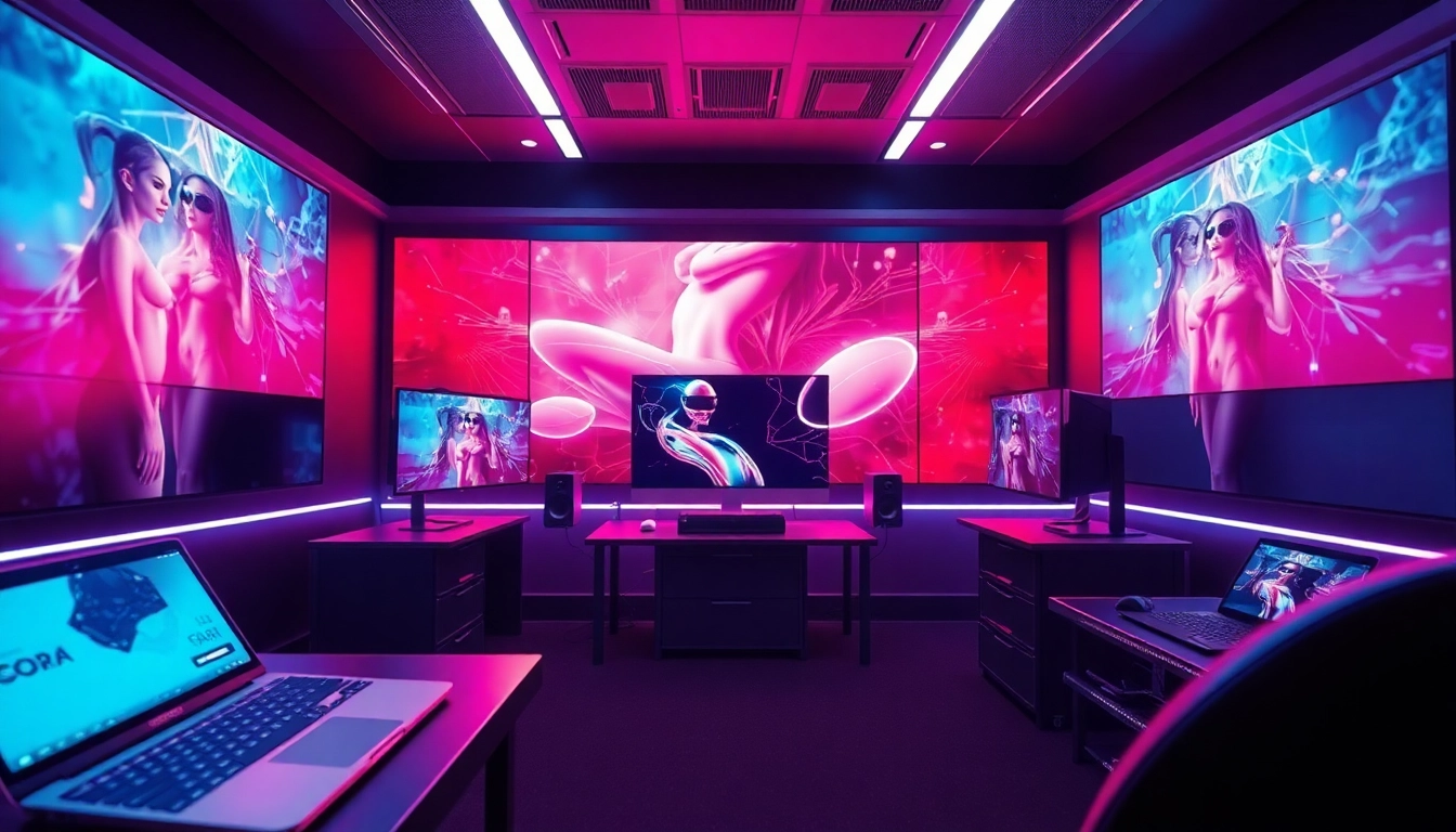 Futuristic studio showcasing AI-generated art related to ai porn with sleek digital interfaces.