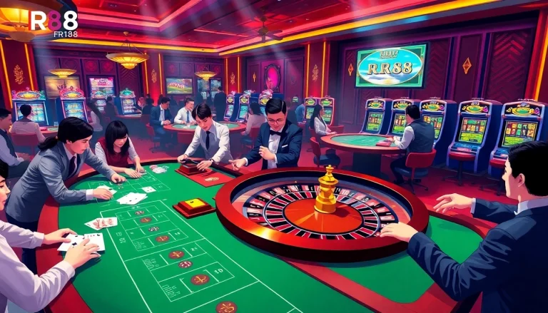 Excited players enjoying roulette at RR88 casino, showcasing vibrant gambling atmosphere.
