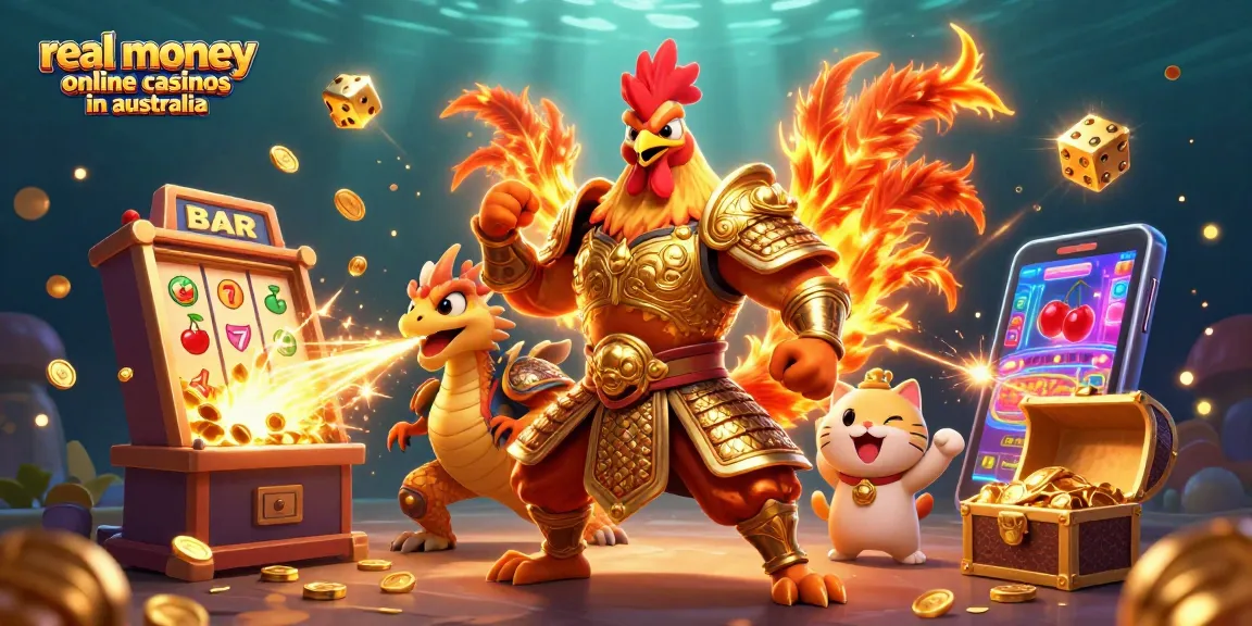 Experience the excitement of real money online casinos in Australia with a dynamic gaming scene featuring a golden samurai rooster and a dragon hatchling.