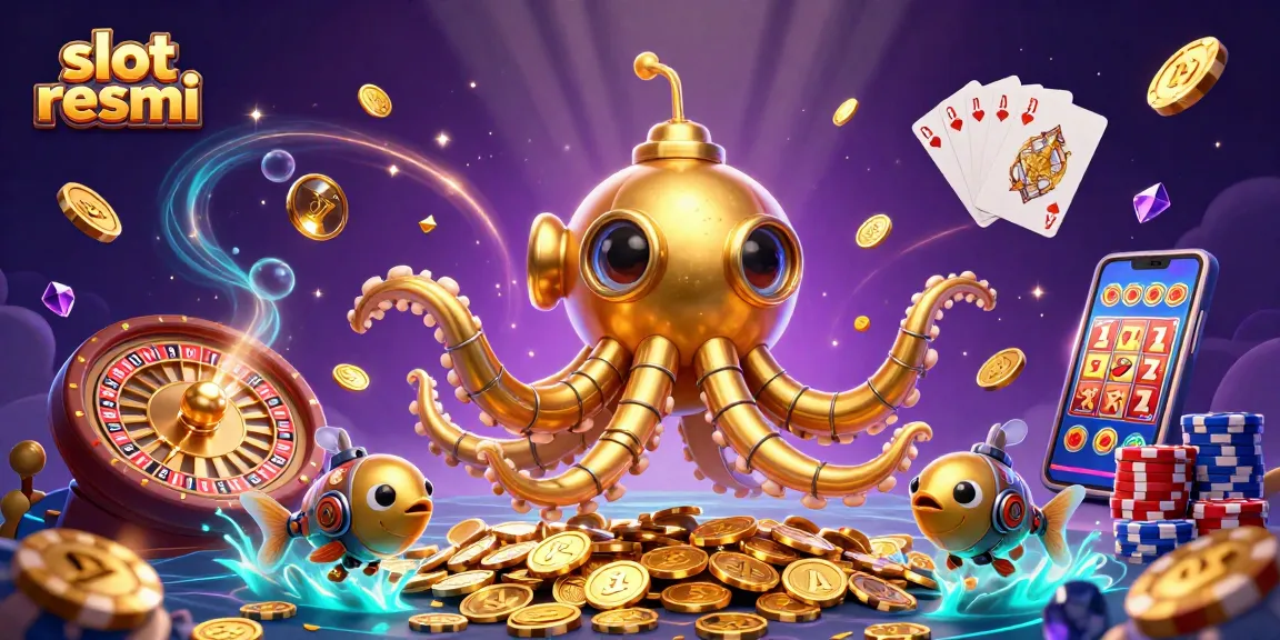Engage with slot resmi in this vibrant scene featuring a kraken submarine and mechanical fish, exploring golden riches.