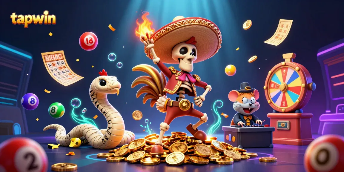 Experience tapwin's vibrant gaming scene with a celebratory 3D mariachi rooster and lively elements.